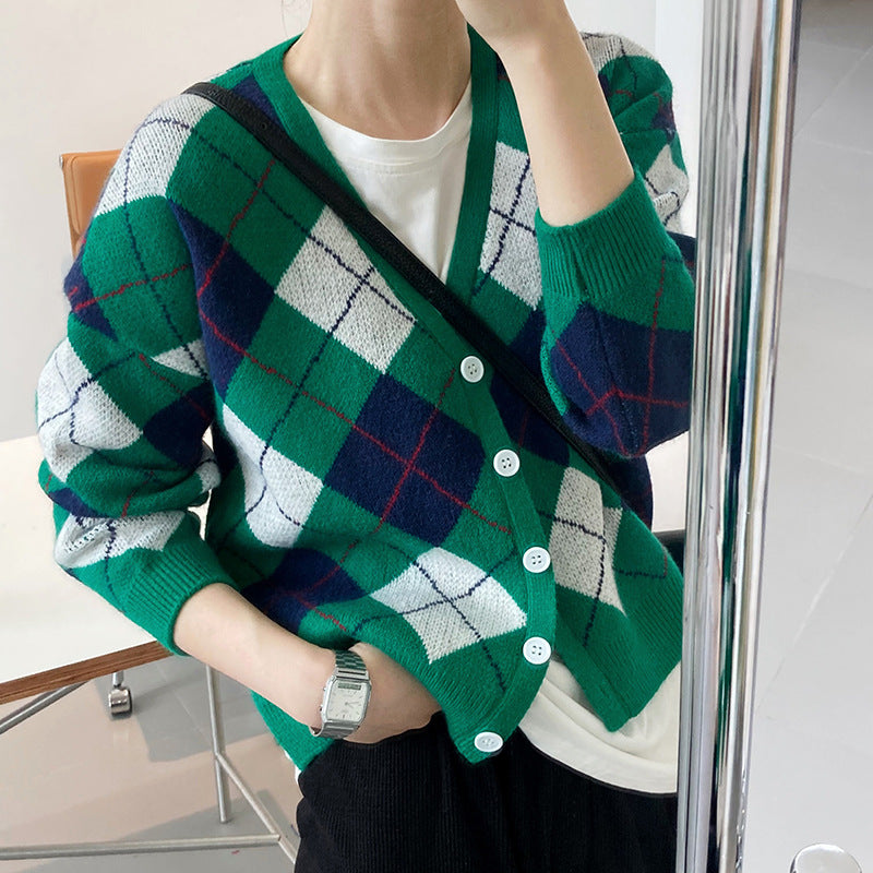 Retro Plaid Print V-Collar Casual Sweater