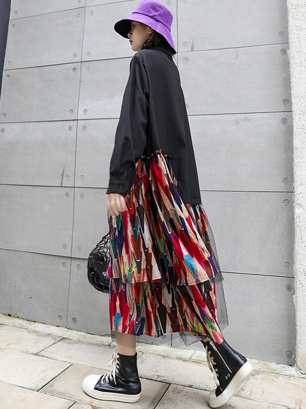 Colorful Printed Cropped Split-Joint Midi Dress