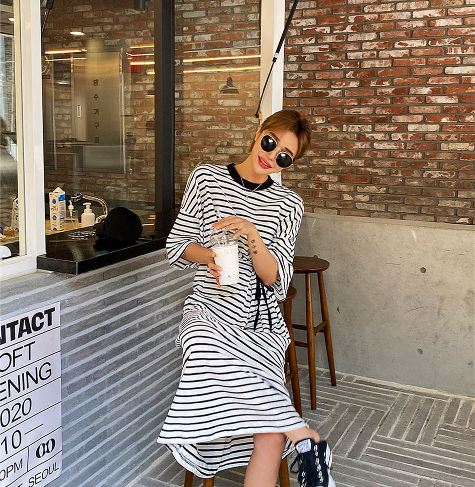 Waist In Slim Short Sleeve Striped Casual Dress