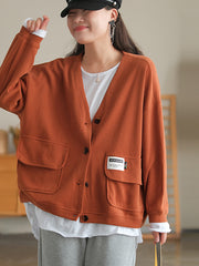 Soft And Comfortable Patch Loose V-Neck Solid Color Outwear
