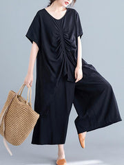 Two-Pieces Solid Pleated Cropped T-Shirt And Wide Leg Pants Suits