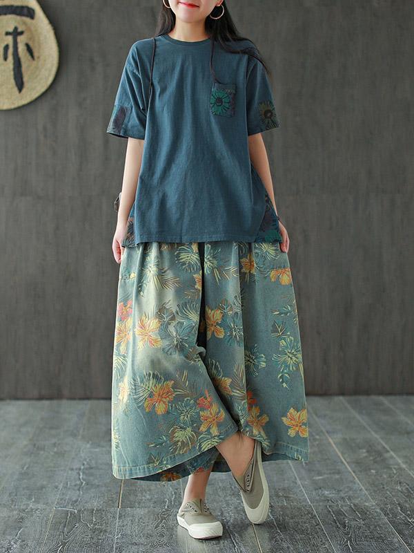 Vintage Loose Print Jean Wide-Leg Pants