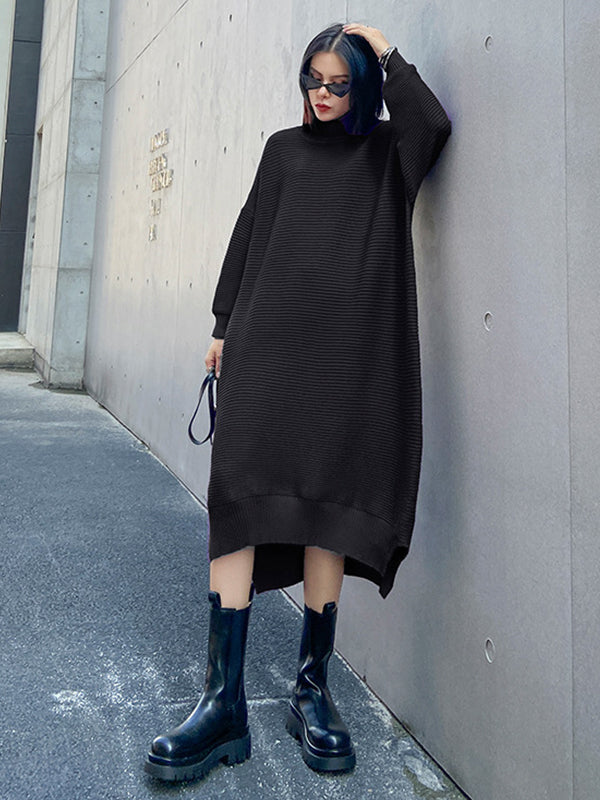 Long Sleeve Loose Sweater Dress With Irregular Splits