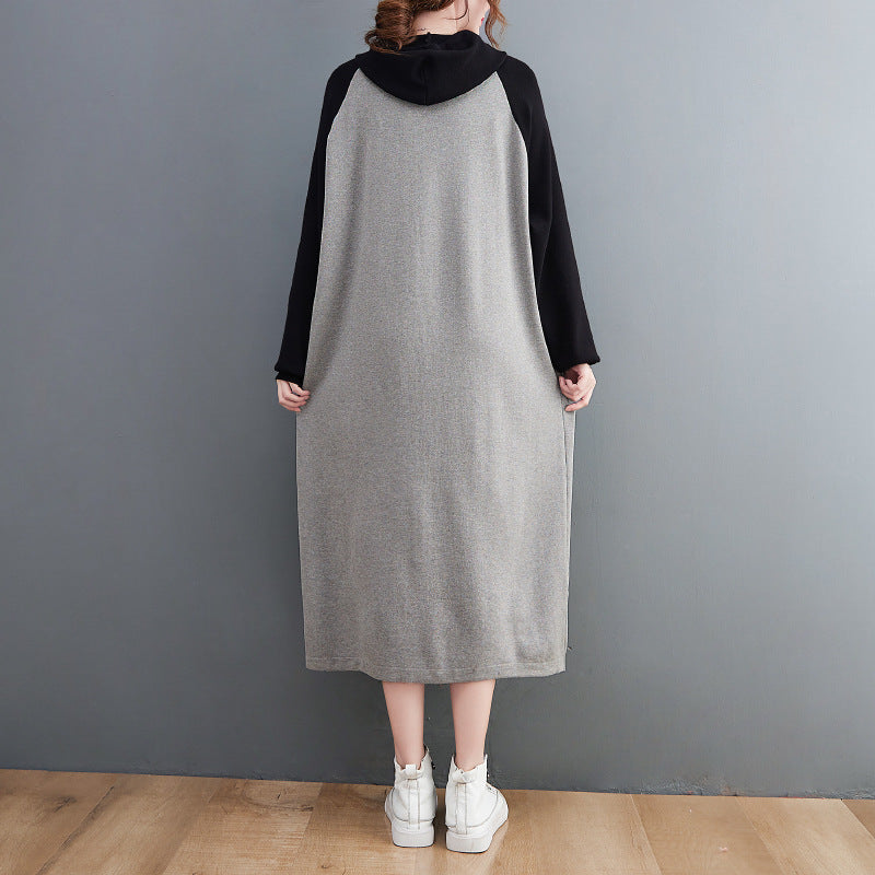 Retro Loose Color-Block Hooded Midi Dress