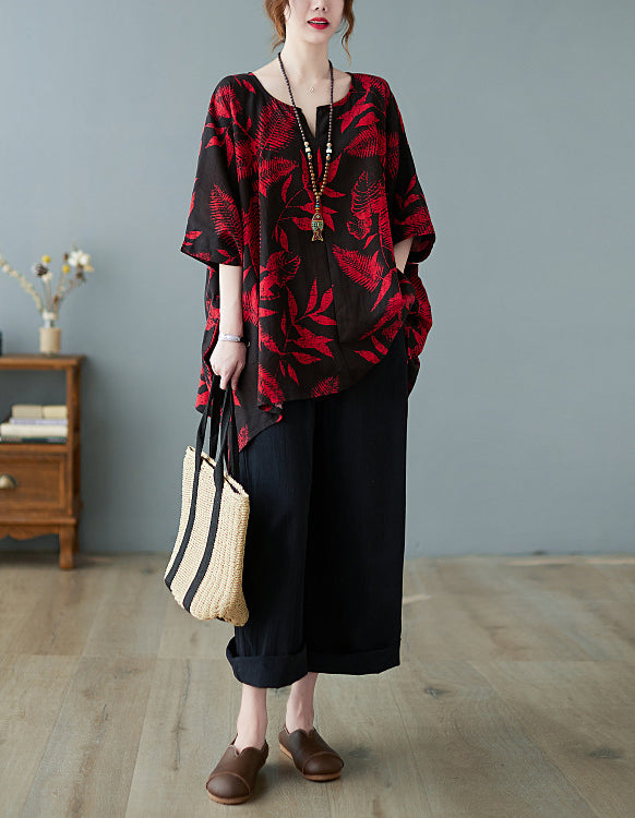 Retro Printed Loose Mid-Length Shirt Top