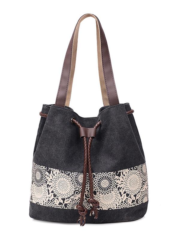 Ethnic Style Printed Canvas Drawstring Bucket Bag