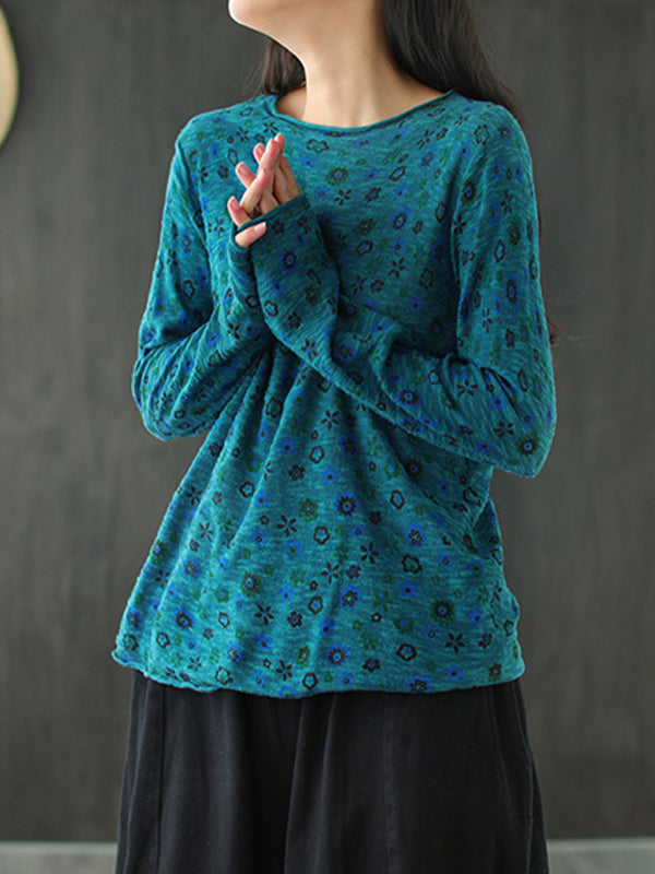 Retro Loose Round Neck Floral Sweater