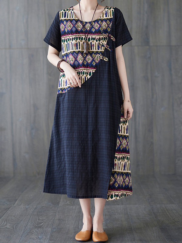 Retro Loose Thin Stitching Short Sleeve Dress