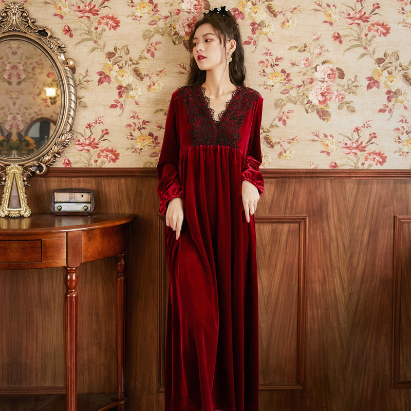 Casual Loose Solid Color Lace V-Neck Midi Pajamas Dress