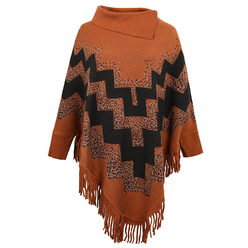 Loose Tassel Abstract Printed Knitted Shawl Sweater