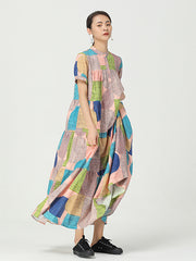 Round Neck Print Stitching Short Sleeve Pullover Dress