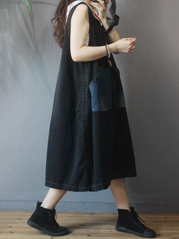 Vintage Pocket Splicing Sleeveless Jean Dress