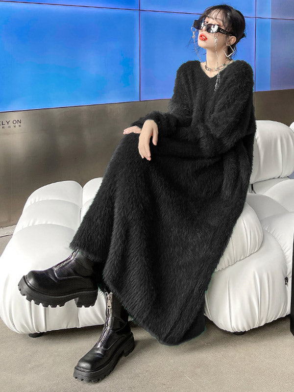 Original Pure Color V-Neck Long Sleeves Sweater Dress