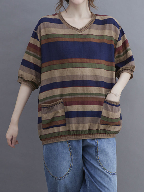 Retro V-Neck Color Block Striped Casual T-Shirt
