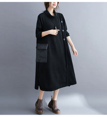 High-Neck Split-Joint Long Sleeves Midi Dress