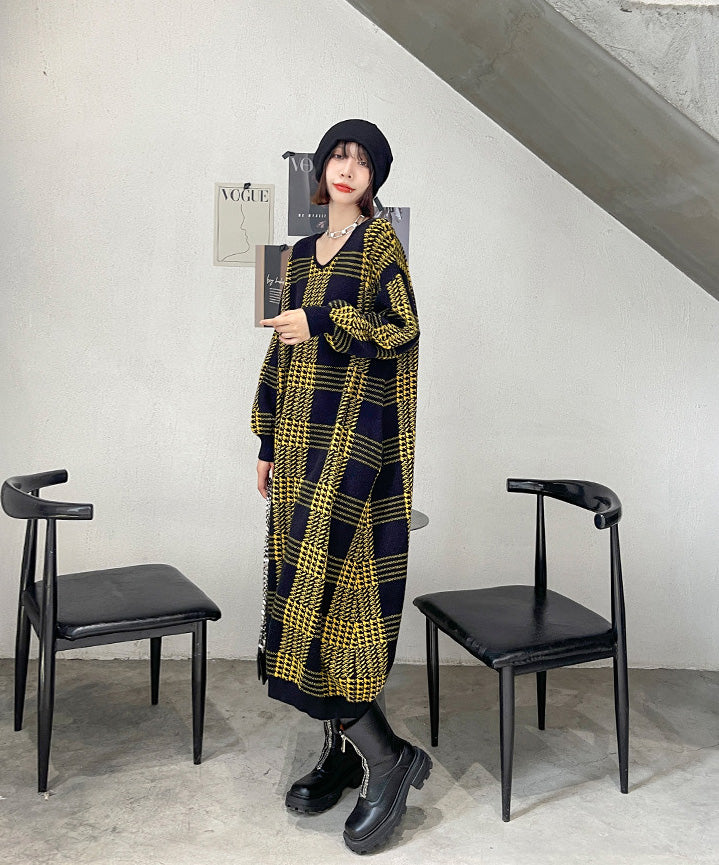 Long Sleeve Loose Mid-Length Knitted Plaid Sweater Dress