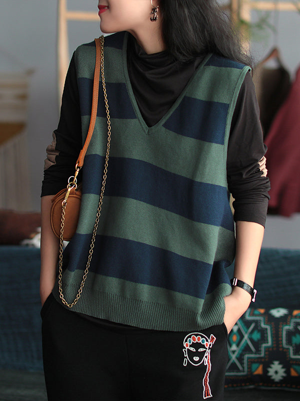 Women Retro V-Neck Striped Knitted Vest