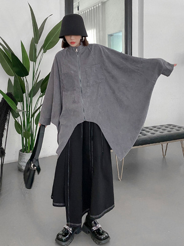 Casual Batwing Sleeves Roomy Drawstring Zipper Stand Collar Jackets&Coats