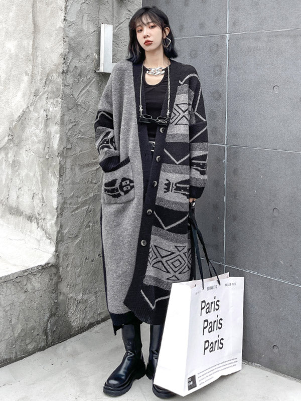 Urban Roomy Knitting Asymmetric Jacquard Cardigan Coat