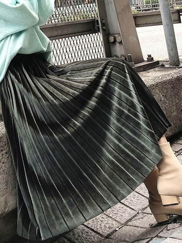 Solid Color High-Waist Pleated A-Line Skirt