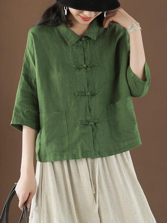 Casual Retro Lapel Frog Linen Shirt Top