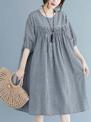 Loose Vintage Puff Sleeve Plaid Dress