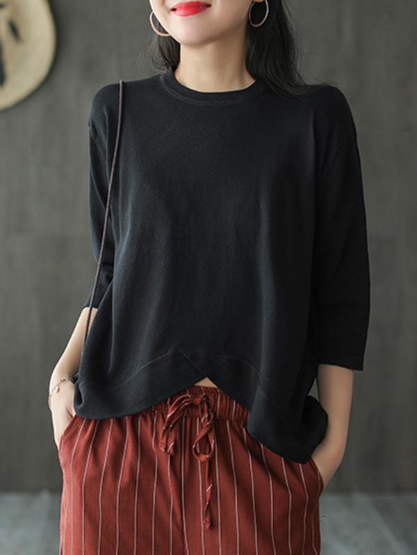 Solid Color Loose Round Neck Cropped T-Shirt