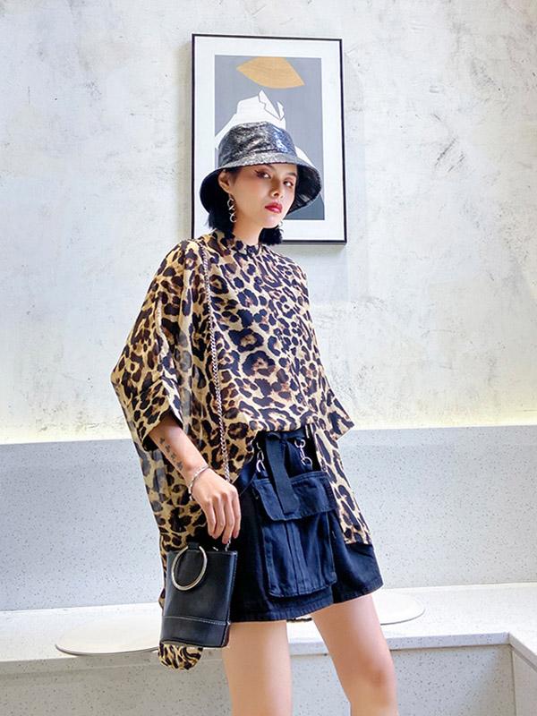 Leopard Print High-Low Loose Stand Collar Shirt