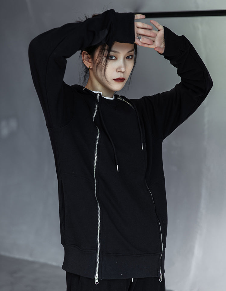 Double Zipper Design Casual Hooded Sweatshirt