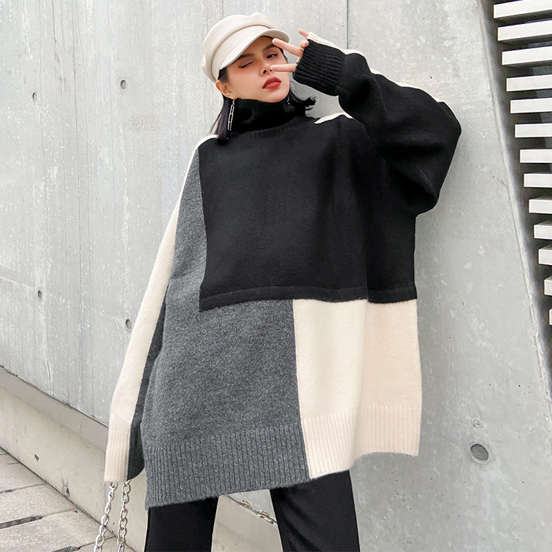 Urban Color-Block Splicing Knitted High-Neck Sweater