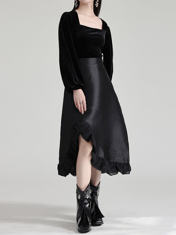 Asymmetric Ruffled Solid Color Split-Joint High Waisted Skirts Bottoms