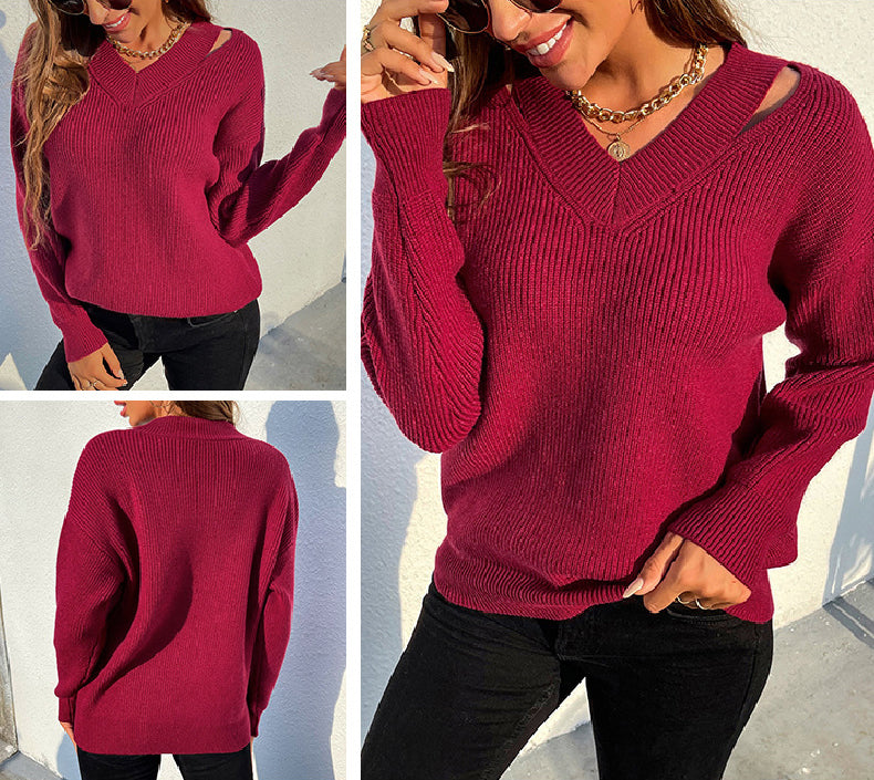 Classic Solid Color Knit V-Neck Sweater