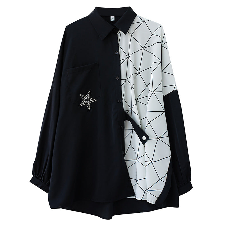 Women Contrast Stitching Loose Bat Sleeve Shirt