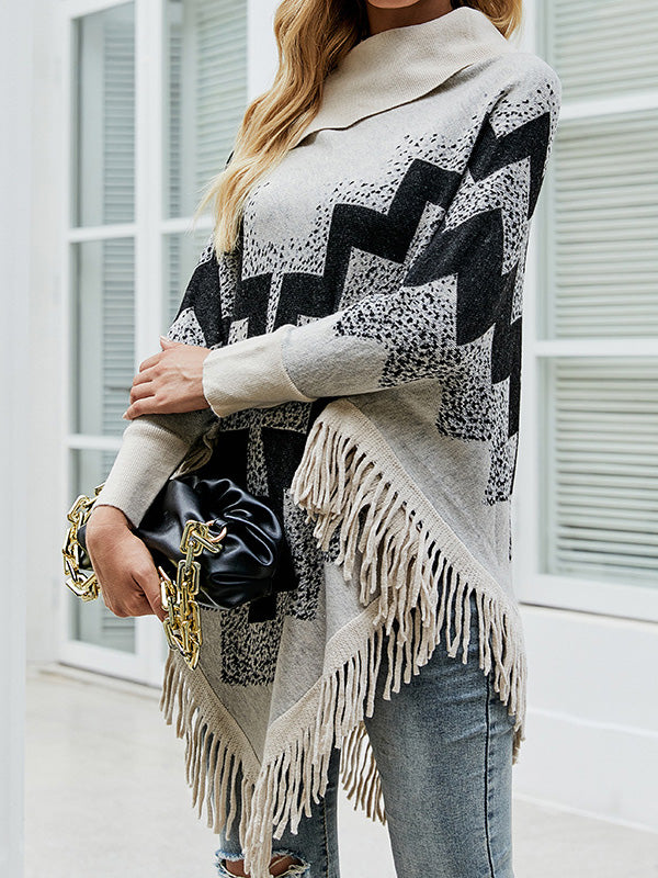 Loose Tassel Abstract Printed Knitted Shawl Sweater