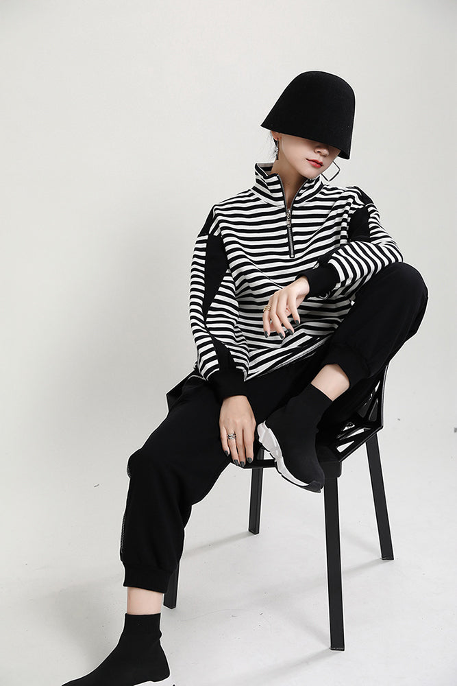Striped High Neck Long Sleeve Top