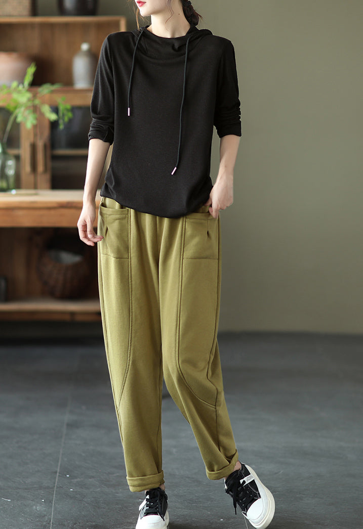 Solid Color Pit Striped Hooded Loose T-Shirt