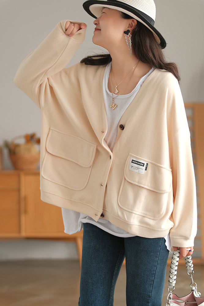 Soft And Comfortable Patch Loose V-Neck Solid Color Outwear