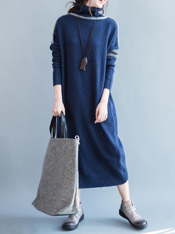 Blue High-neck Knitting Soft Sweater Dress