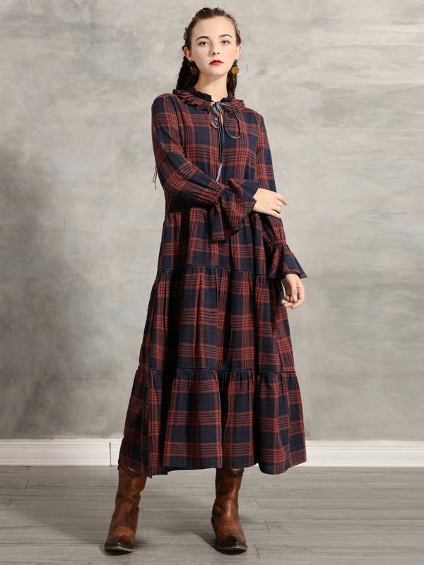 Vintage Pleated Bow Plaid Doll-Neck Midi Dress