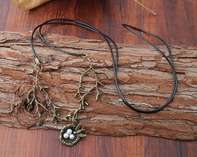 Wax Rope Necklace Alloy Bird's Nest Pendant Necklace