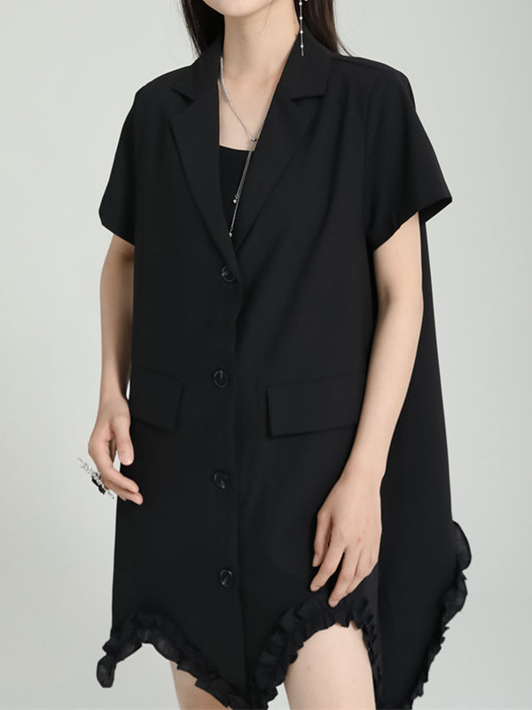 Irregular Clipping Short Sleeves Pure Color Notched Collar Mini Dresses