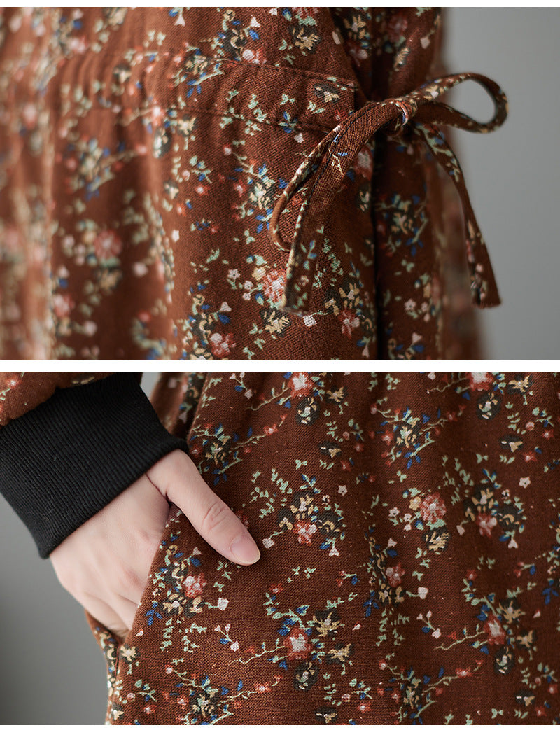 Patchwork Collar Floral Lace-Up Long Midi Dress
