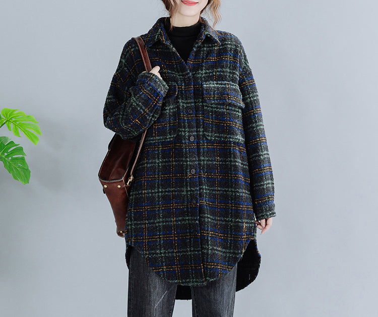 Large Size Loose Mid-Length Plaid Thick Woolen Coat
