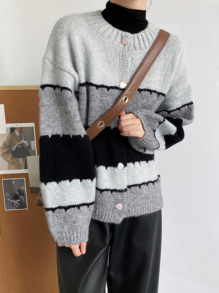 Color Block Round Neck Knitted Sweater Coat