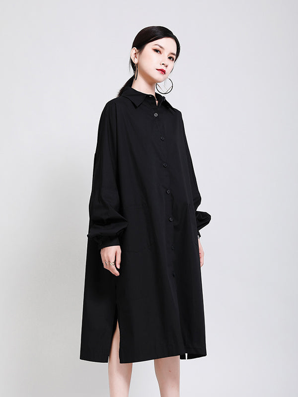 Women Lapel Solid Color Long Sleeve Dress