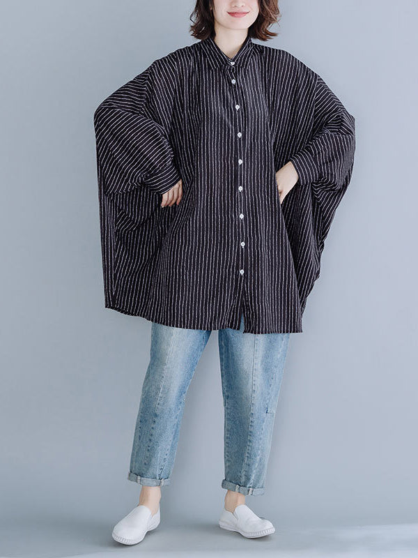 Women Loose Bat Sleeve Striped Shirt