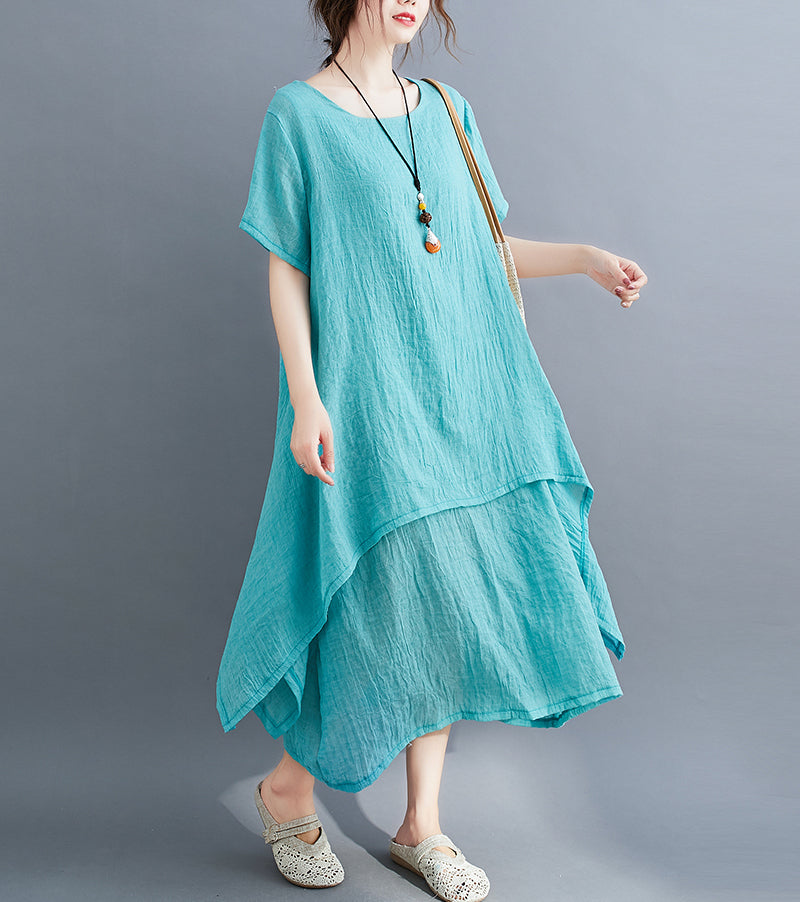 Retro Round Neck Solid Color Irregular Casual Dress