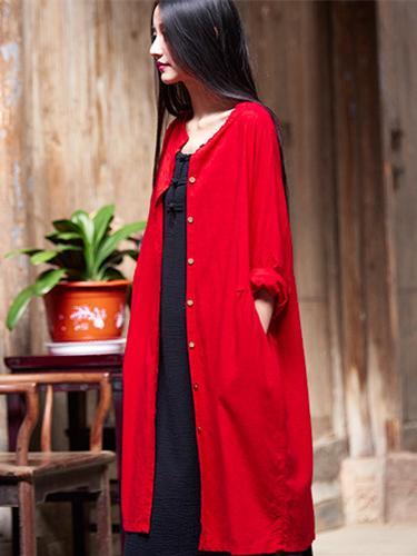 Soft Red Ramie Cotton Linen Cover-up Cardigan