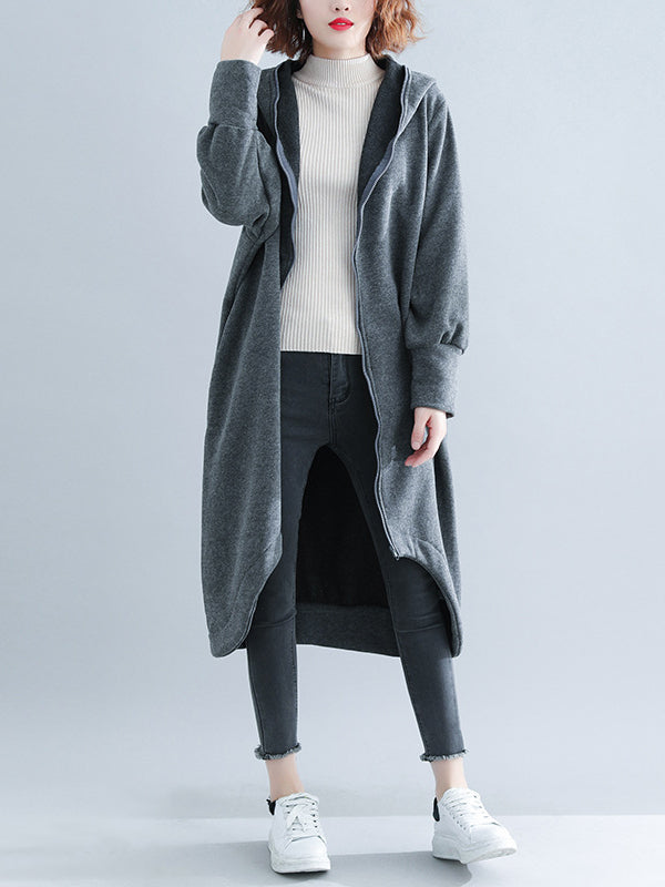 Casual Loose High-Low Solid Color Zipper Hooded Outerwear