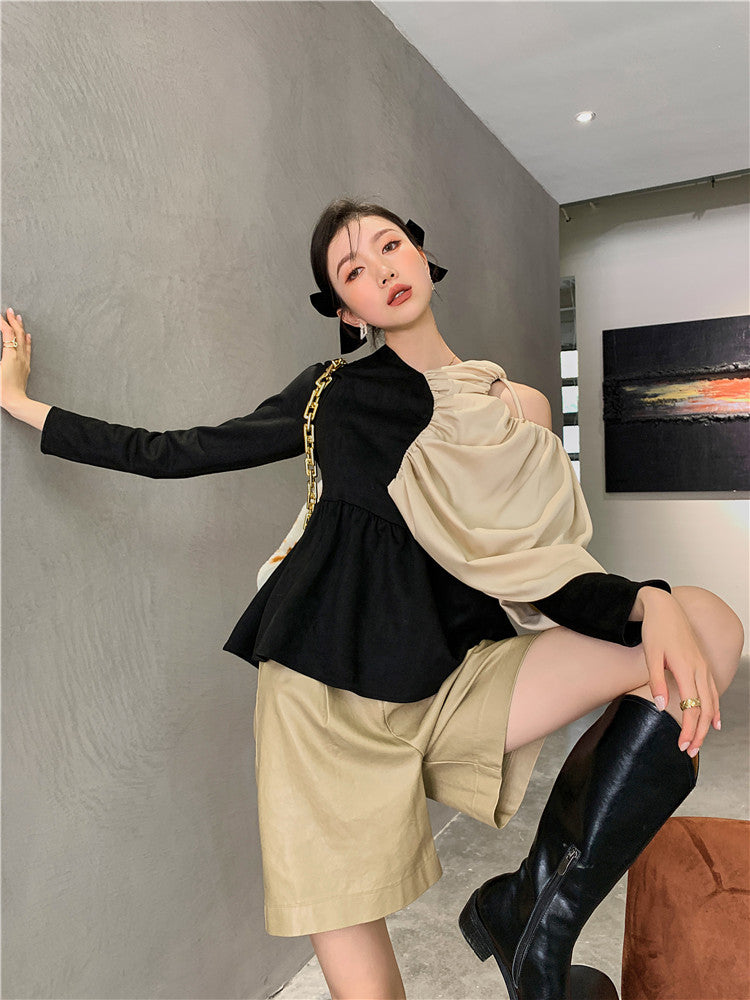 Hollow Strapless Stylish Stitching Pleated T-shirt